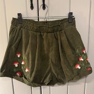 Olive Green Mushroom Embroidered Women Shorts